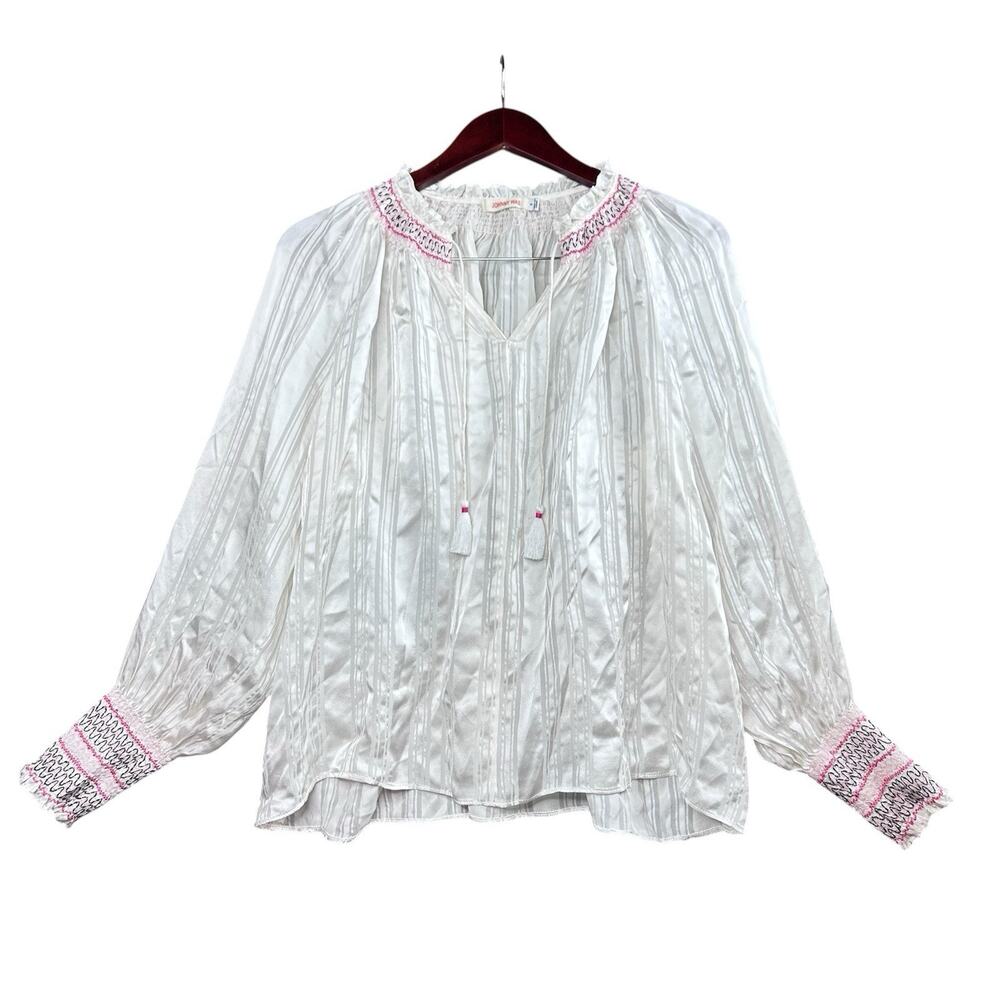 Johnny Was Silk Boho Peasant Blouse S White Smocked Tassel Embroidered Top